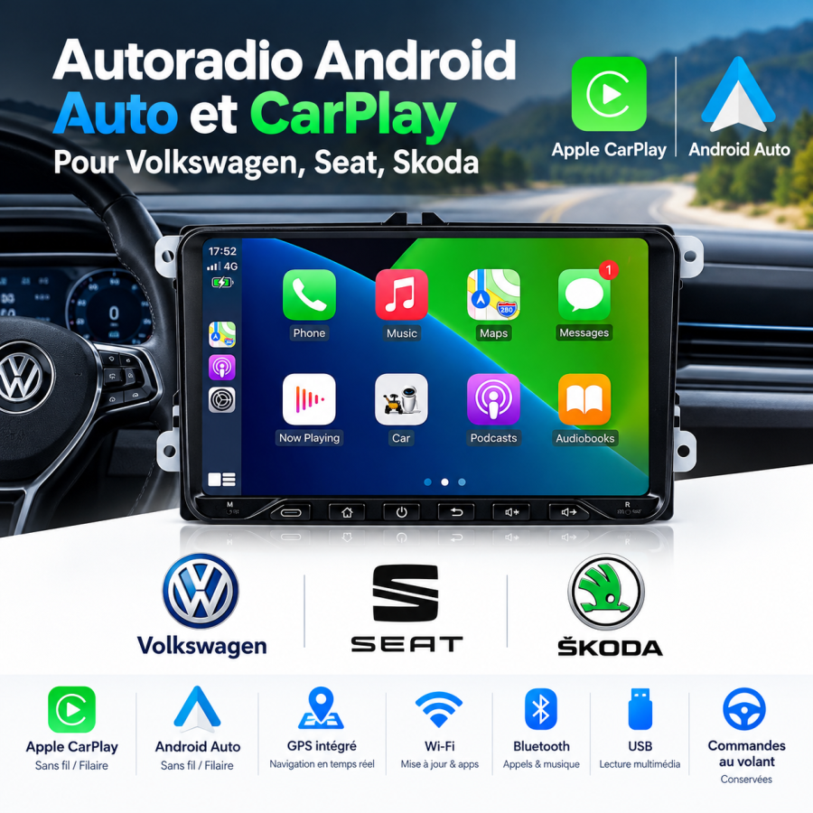 Autoradio Android-Auto et CarPlay Pour Volkswagen, Seat, Skoda